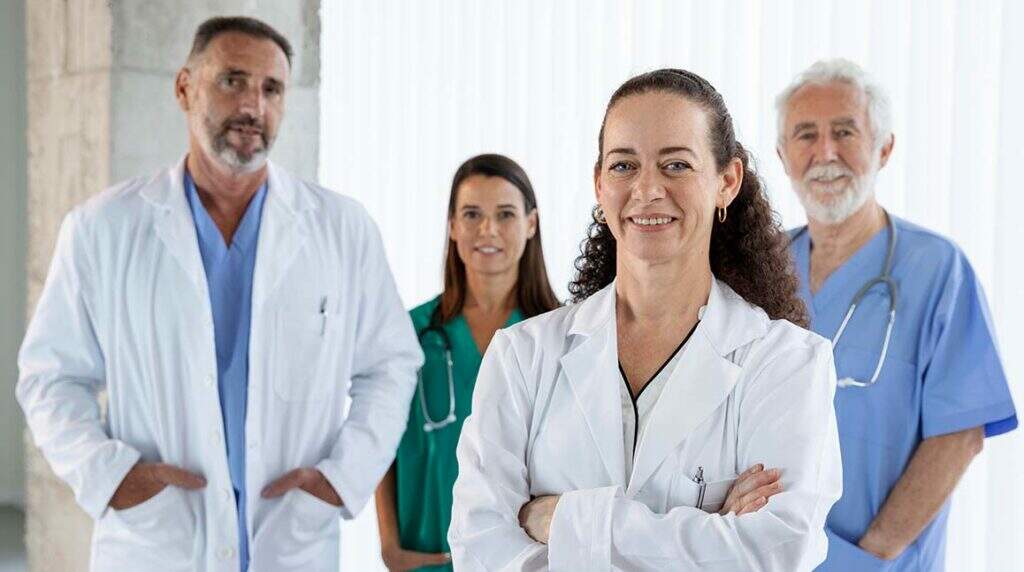 Pós-graduação em Medicina_ o que é, como funciona, diferenças para residência. Médicos de braços cruzados posando para a foto